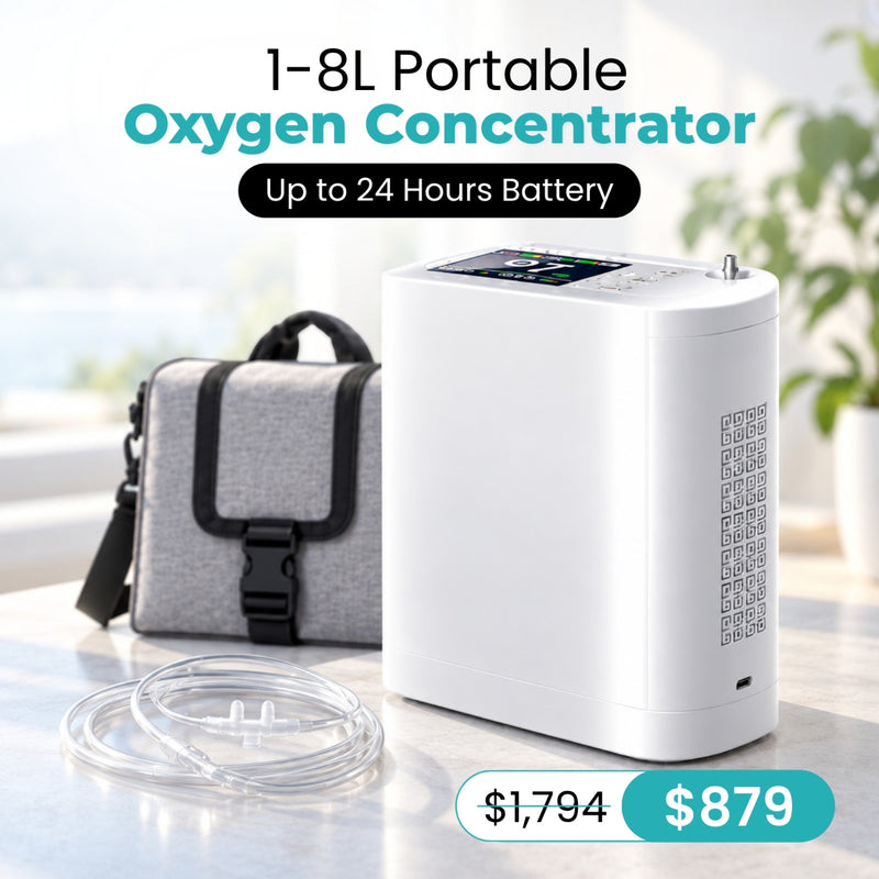1–8L Portable Oxygen Concentrator for Home & Travel | Pulse + Constant + Continuous Flow | ≥90% O₂ Purity | Up to 24-Hours Battery Life