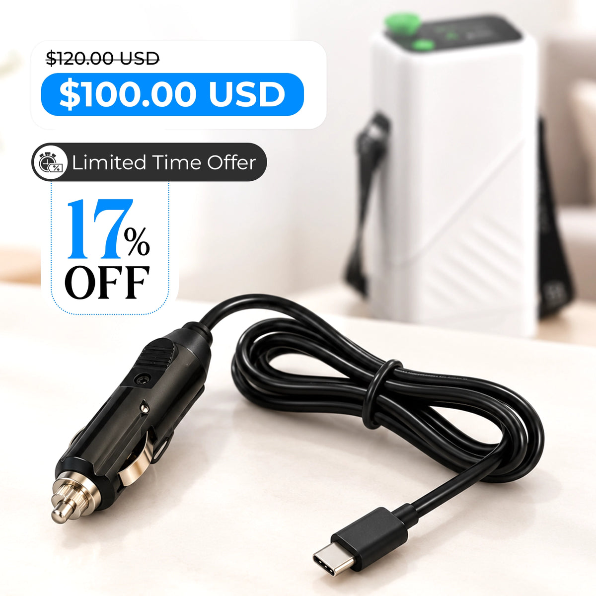 Car Charging Cable for 1-5L Portable Oxygen Concentrator