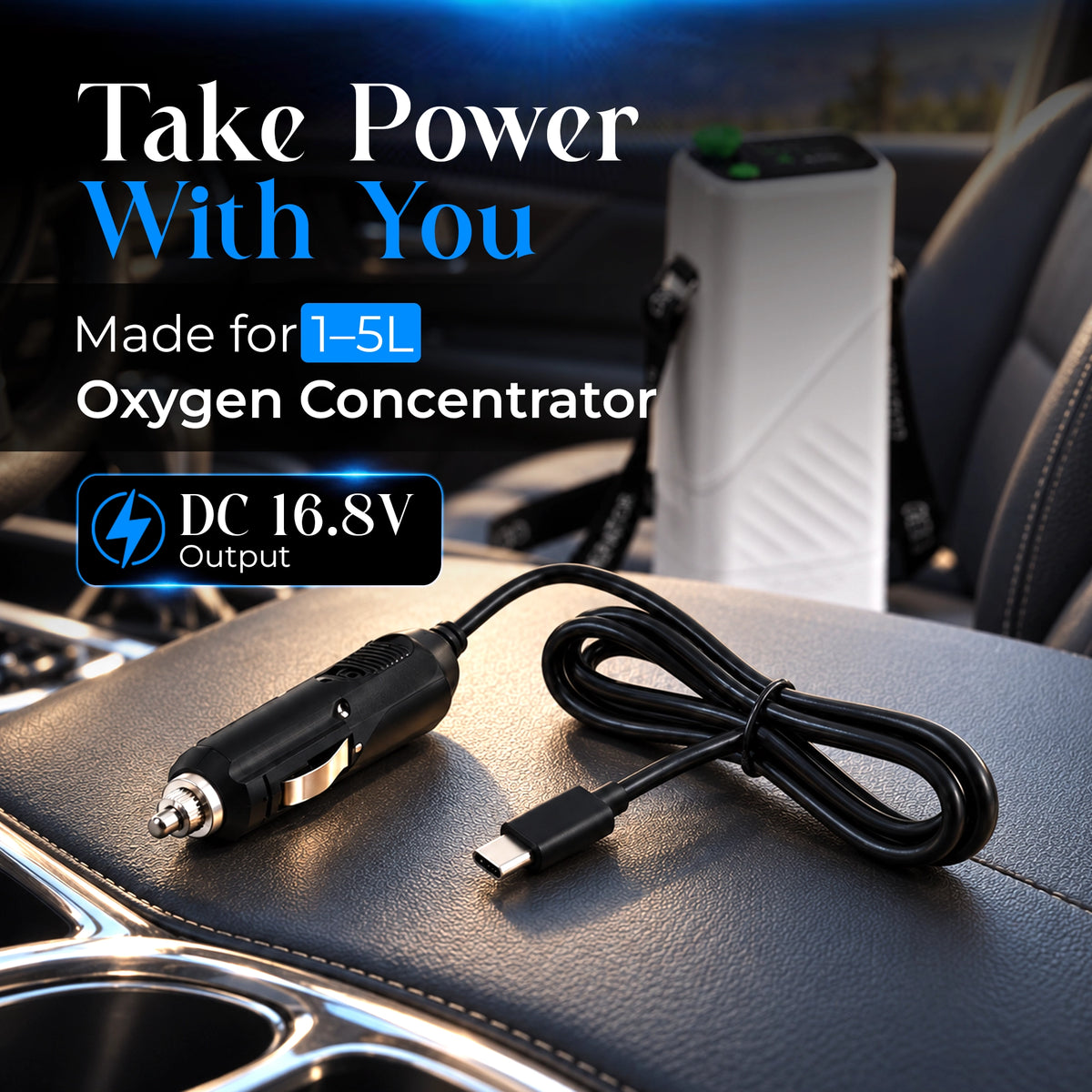Car Charging Cable for 1-5L Portable Oxygen Concentrator