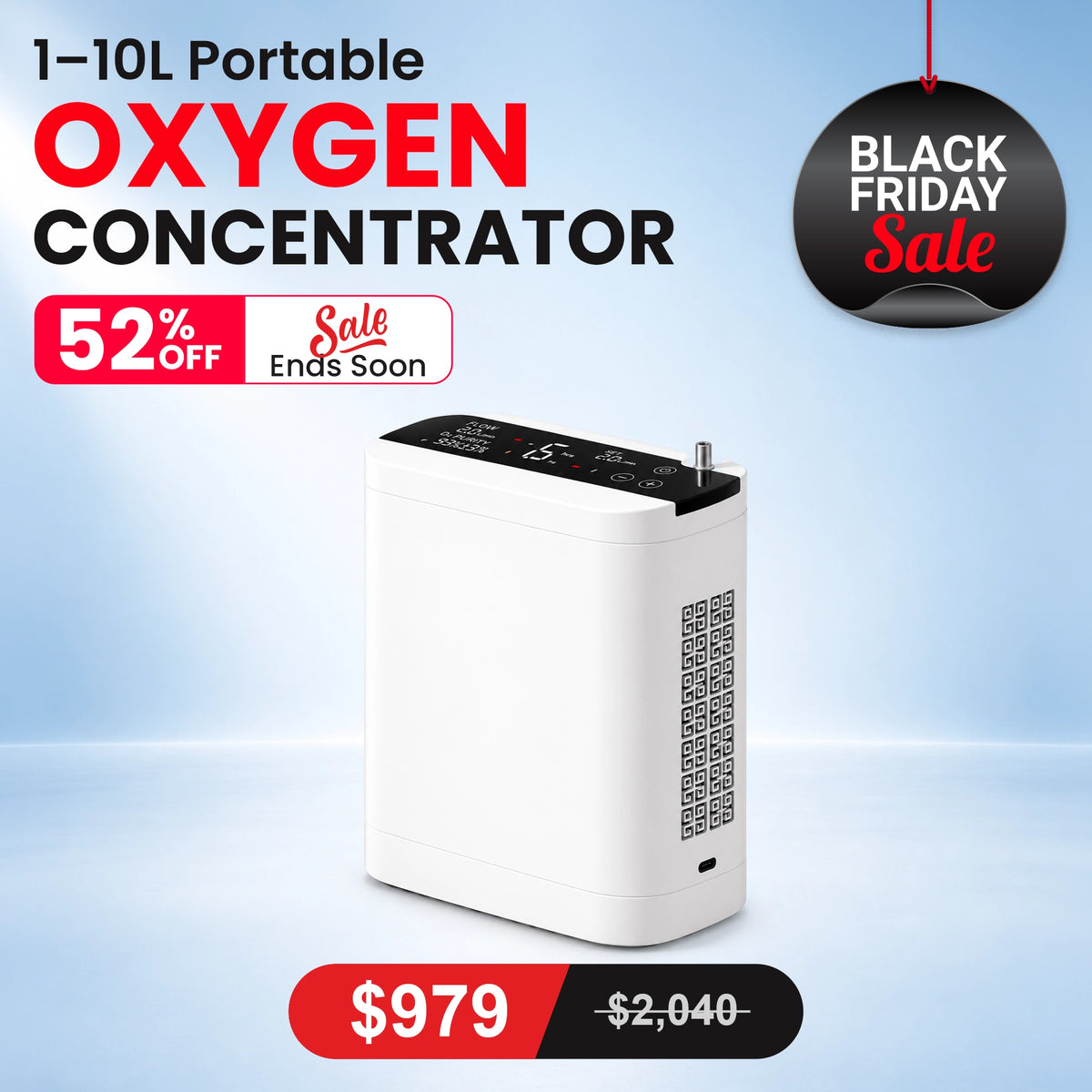 1-10L Portable Oxygen Concentrator for Home, Car & Travel | 90% ±6% O₂ Purity | Up to 12-Hour Battery Life