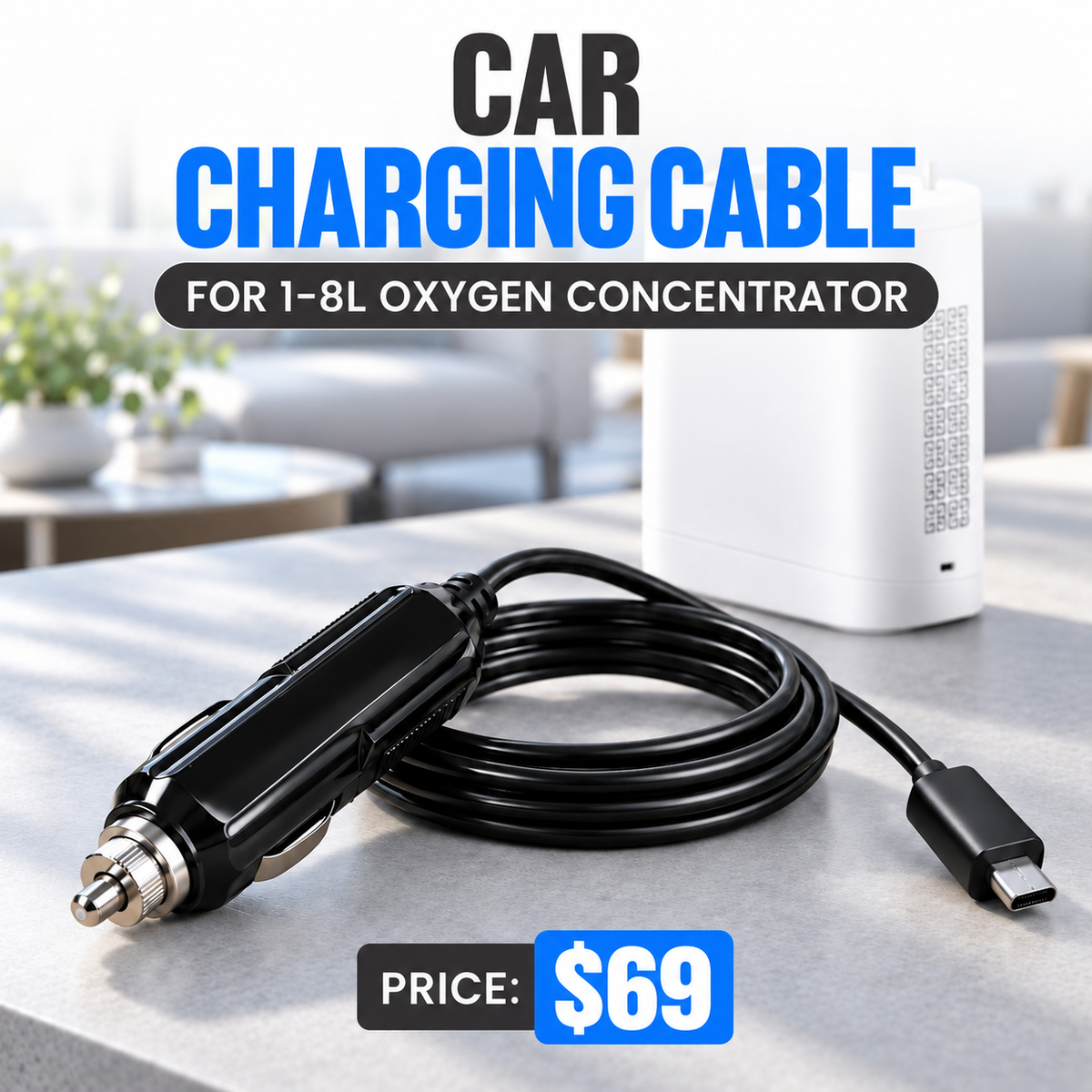 Car Charging Cable for 1-8L Portable Oxygen Concentrator