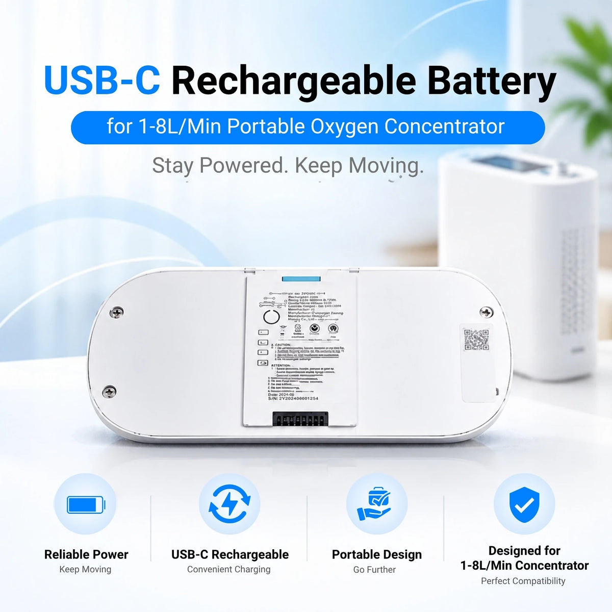 USB-C Rechargeable 18 Cell Battery for 1-8L/Min Portable Oxygen Concentrator