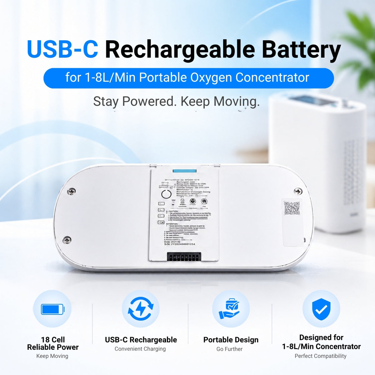 USB-C Rechargeable 18 Cell Battery for 1-8L/Min Portable Oxygen Concentrator